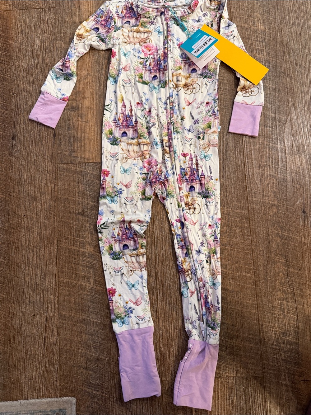 Kids One-Piece Zip Pajamas - Pastel Castle Print with Lavender Cuffs